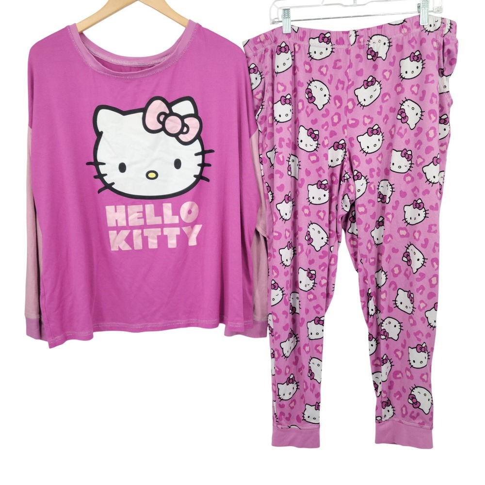 Hello Kitty Pajama Set Women 2X Pink Leopard Print Sanrio